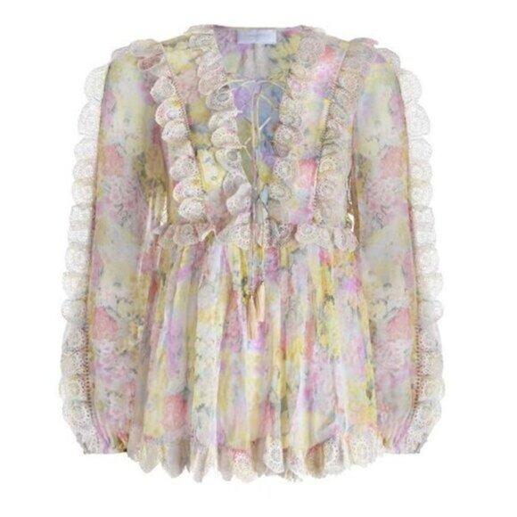 RARE! Zimmermann Valour Scallop Ruffle Blouse Floral Size AU 1 b121 - Picture 3 of 10